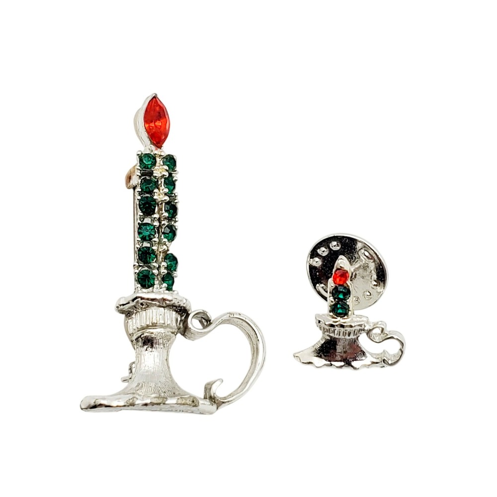 Dodds Candlestick Brooch Silver Tone Green Red Rhinestone Vtg Lapel Pin Tie Tack